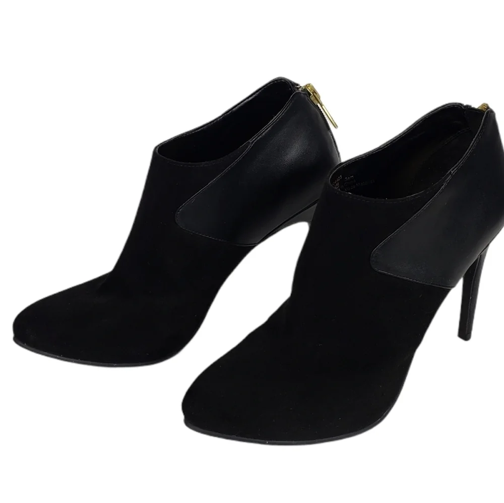 Black Suede Leather Ankle Boots Gold Zip Booties - Picture 1 of 8